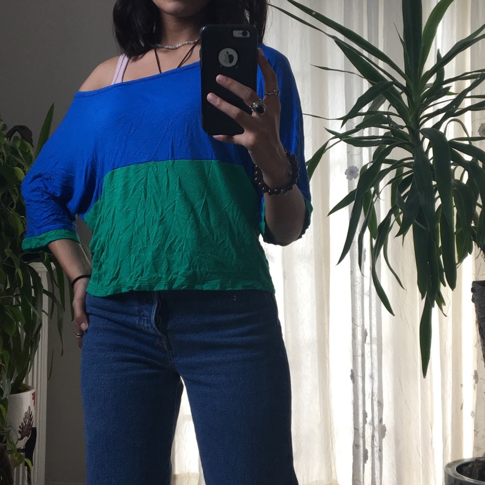half blue half green off the shoulder top sweater